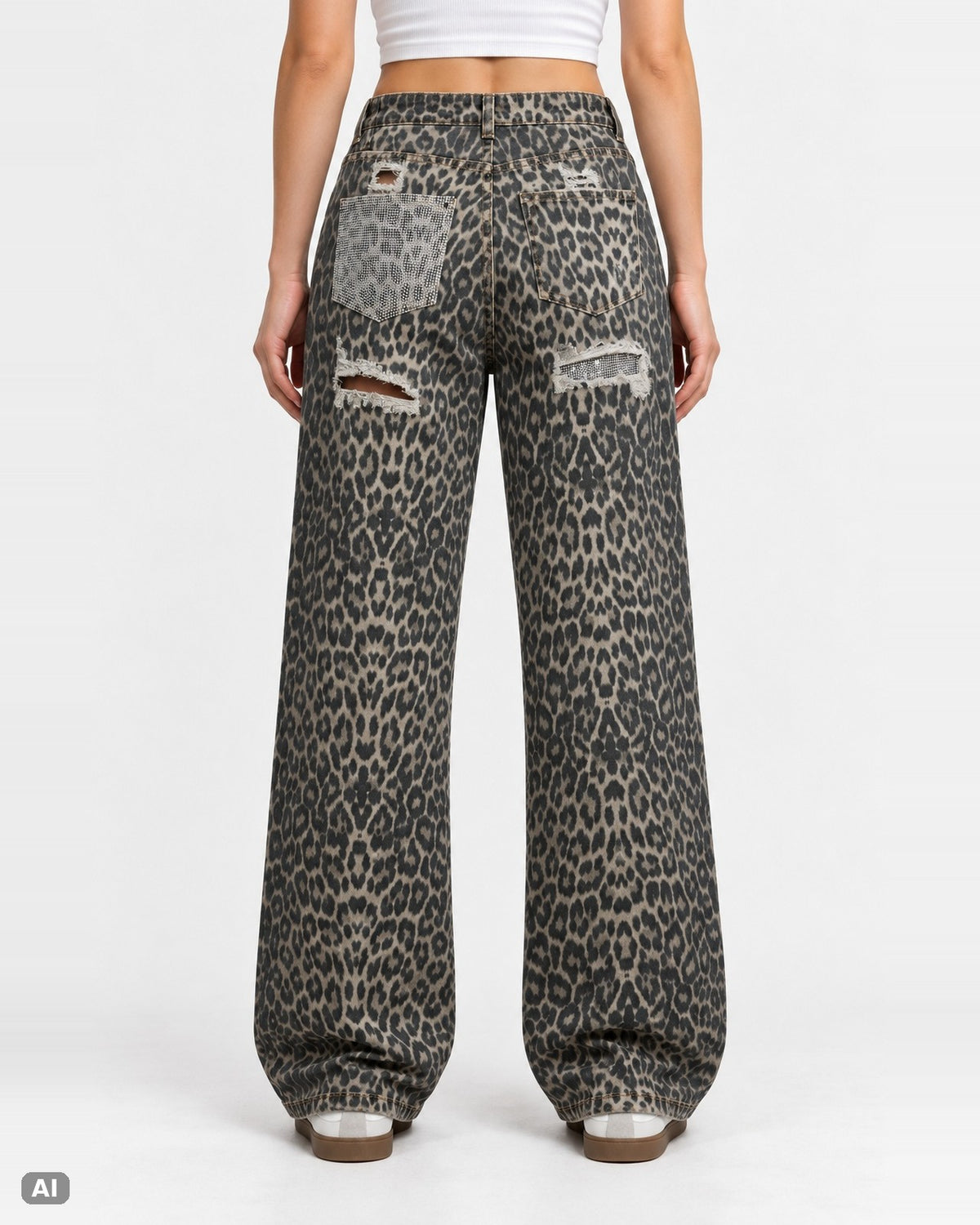 Marivy Wide Leg Jeans Damen mit Leopardenmuster Strass Taschen Y2K… – Hinten, KI-Visualisierung am Model