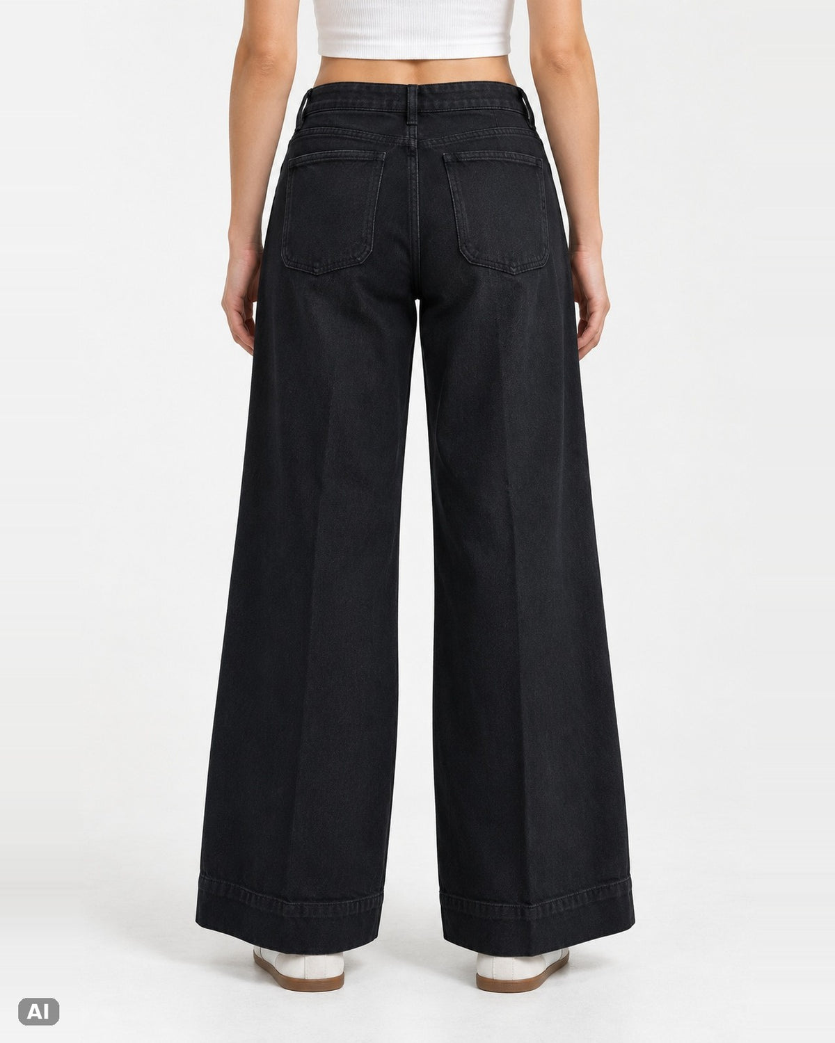 Marivy Wide Leg Baggy Fit Klassische Taille Mid Rise Jeans – Hinten, KI-Visualisierung am Model