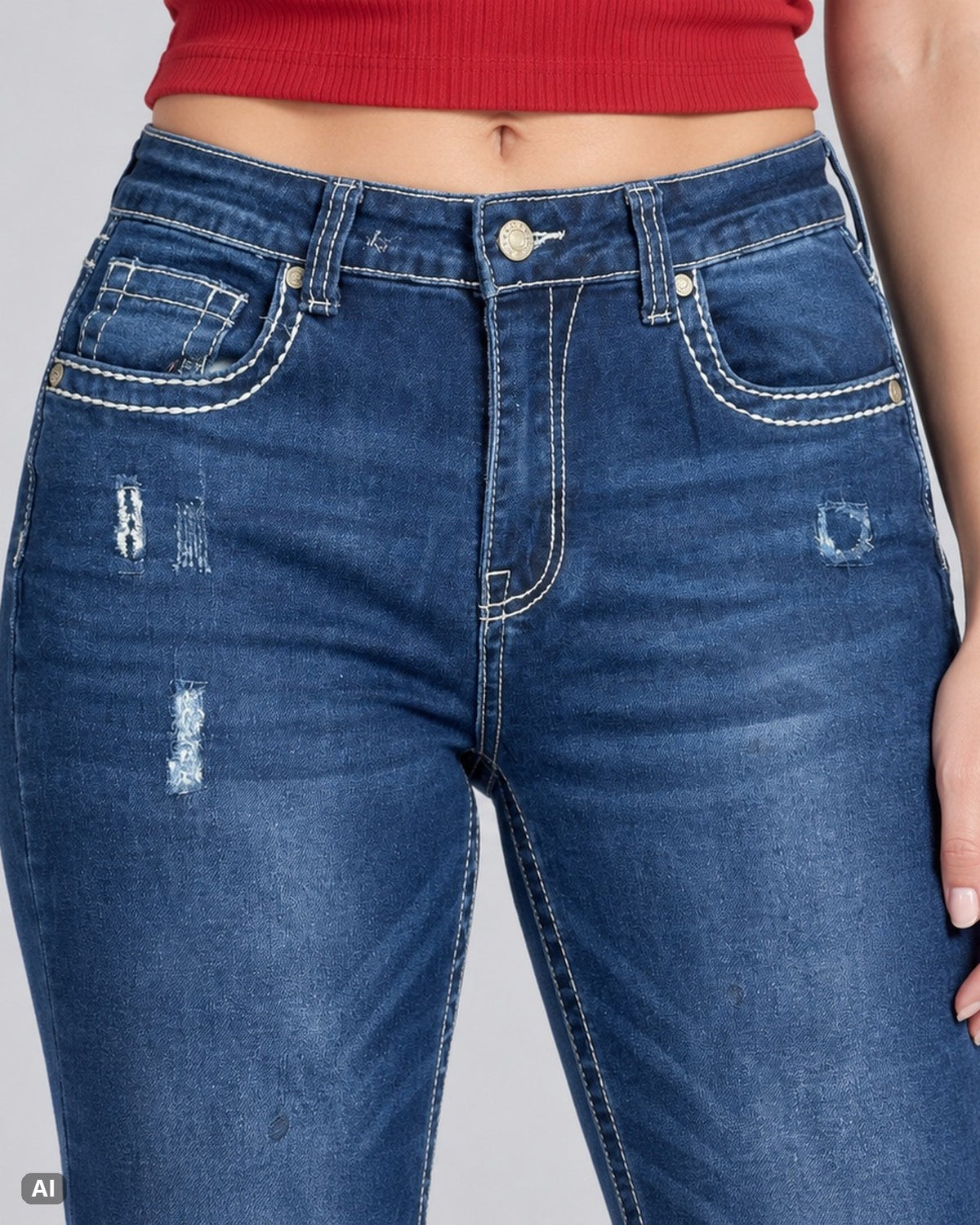 Bamboo Zickzack High Waist Flare Jeans – Gr. EU 36 / S – Detail vorne, KI-Visualisierung am Model
