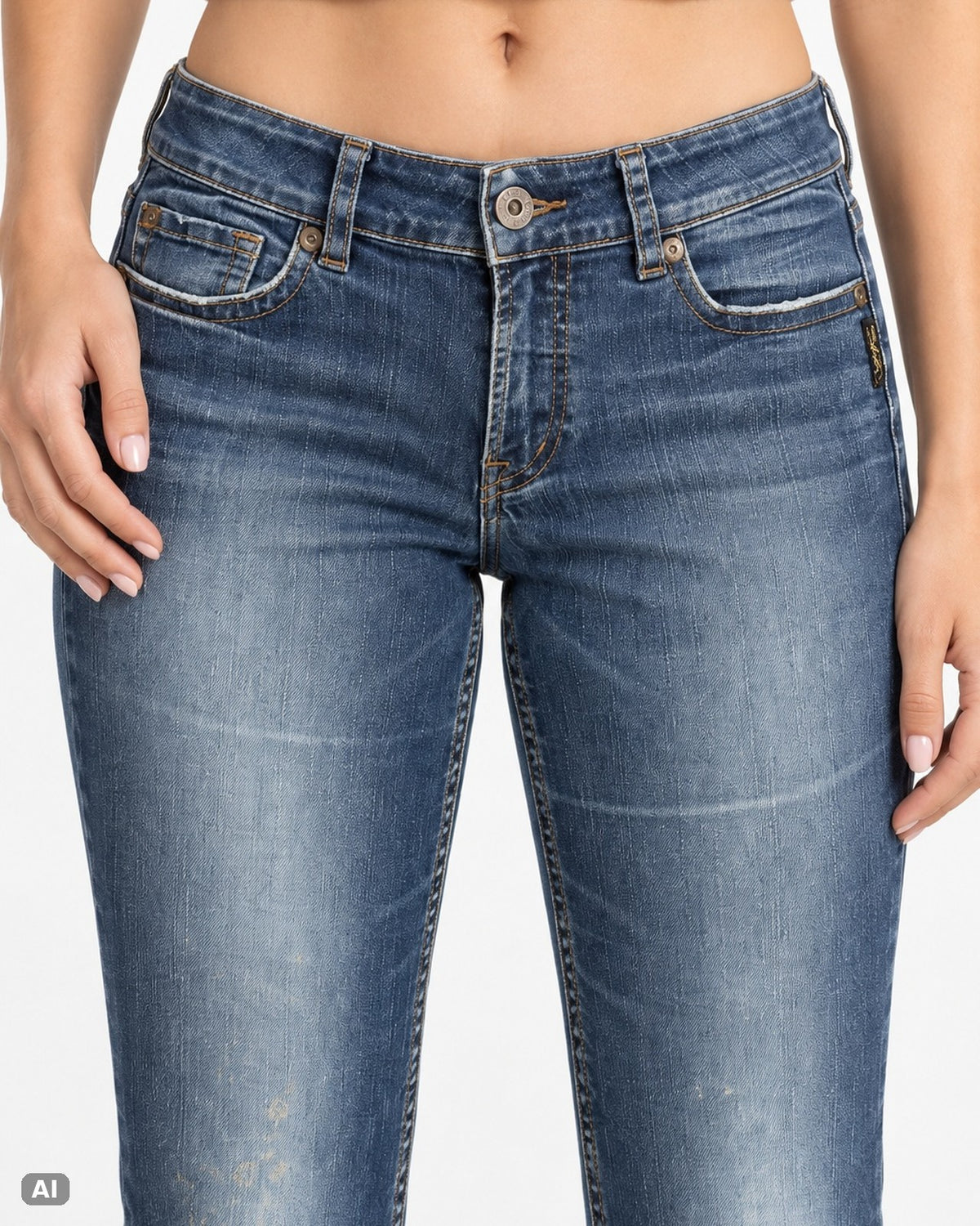 Silver Jeans Suki Bootcut Mid Waist – Gr. EU 40 / L – Detail vorne, KI-Visualisierung am Model