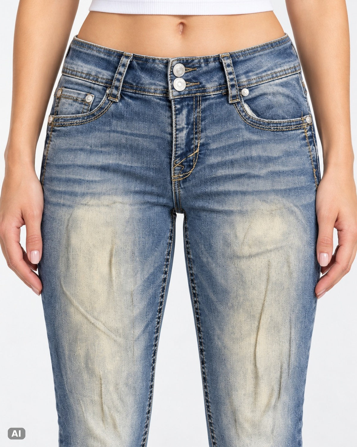 Wallflower Luscious Curvy Mid-Waist Bootcut-Jeans – Gr. EU 34 / XS – Detail vorne, KI-Visualisierung am Model