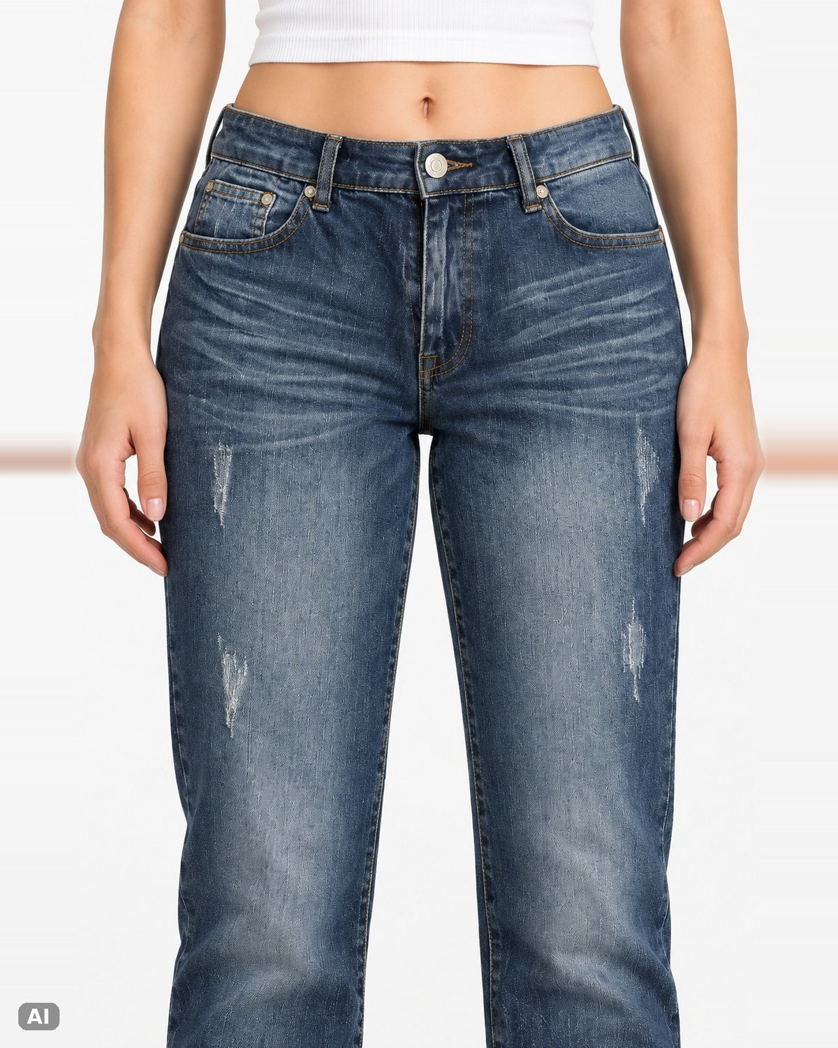 AJC by Arizona Mid Waist Straight Leg Jeans – Gr. EU 42 / XL – Detail vorne, KI-Visualisierung am Model