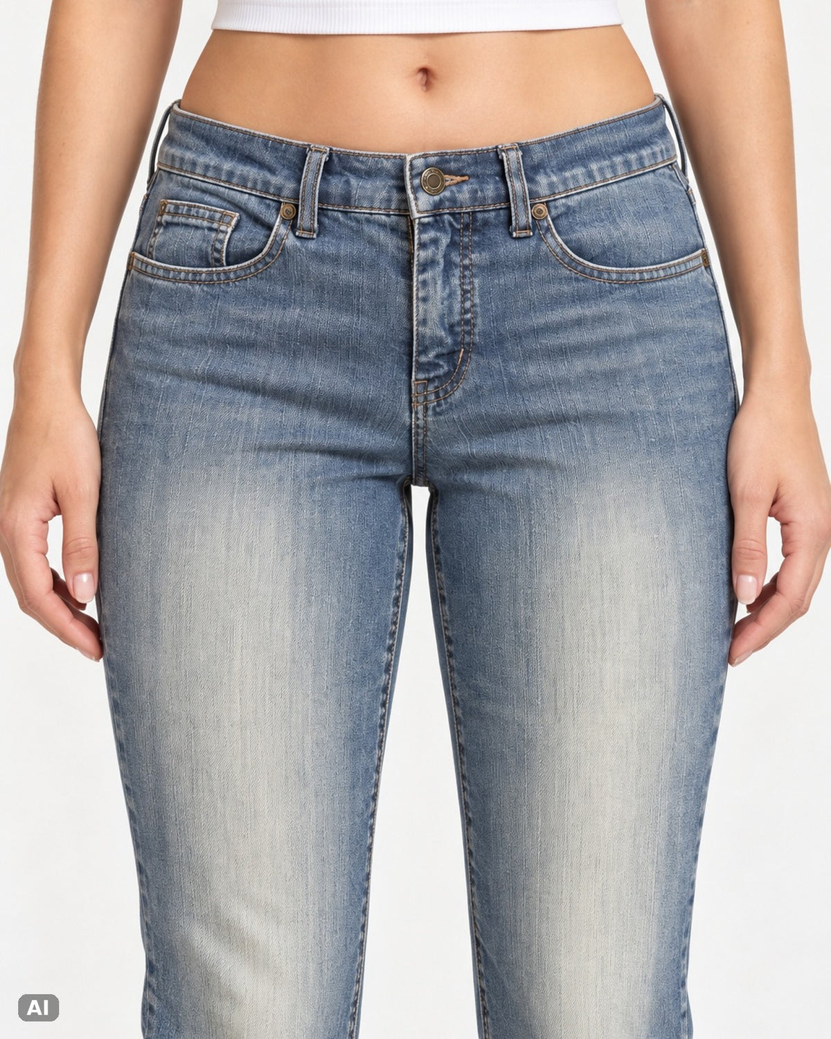Faded Glory Mid Waist Bootcut Jeans – Gr. EU 40 / L – Detail vorne, KI-Visualisierung am Model