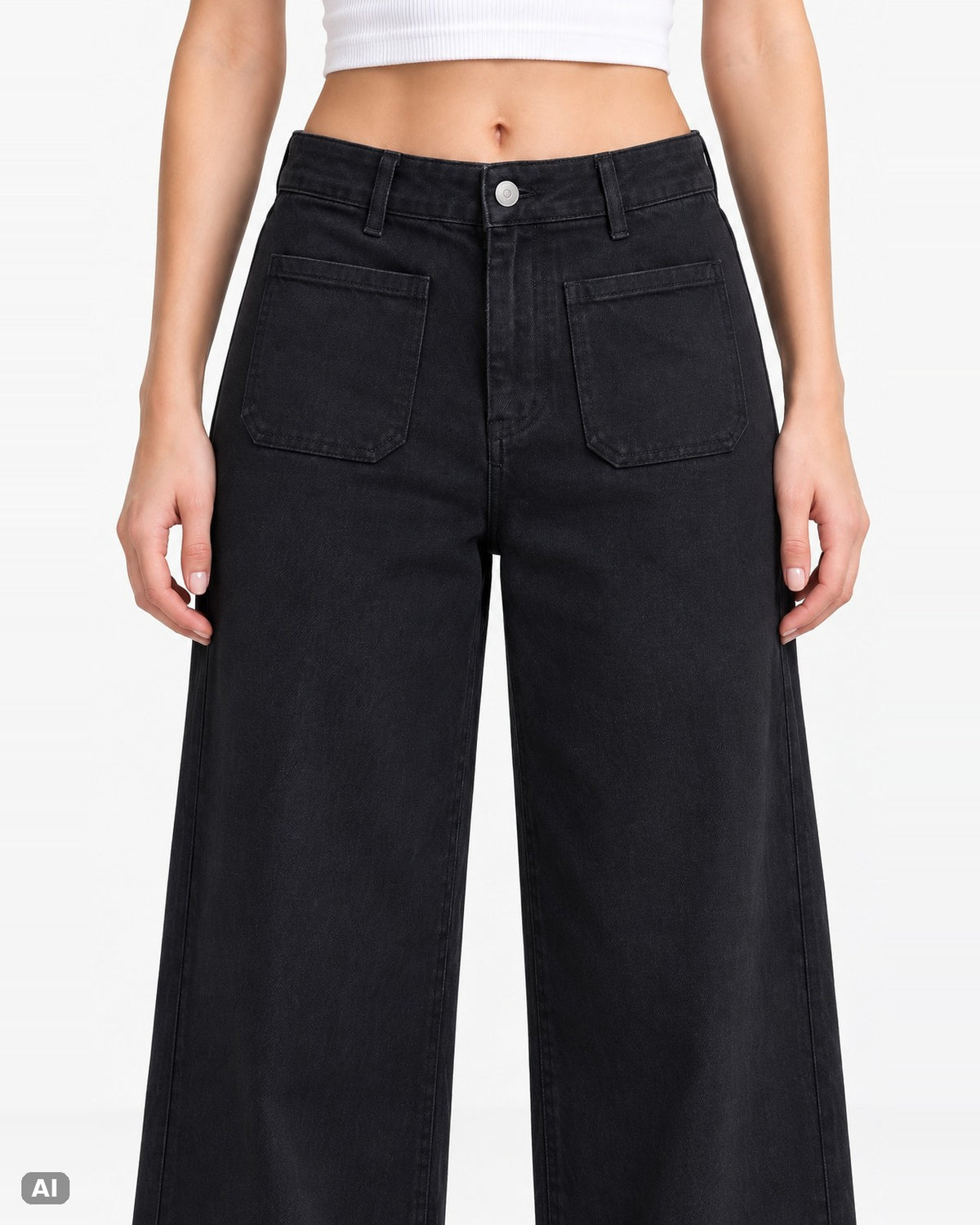 Marivy Wide Leg Baggy Fit Klassische Taille Mid Rise Jeans – Detail vorne, KI-Visualisierung am Model