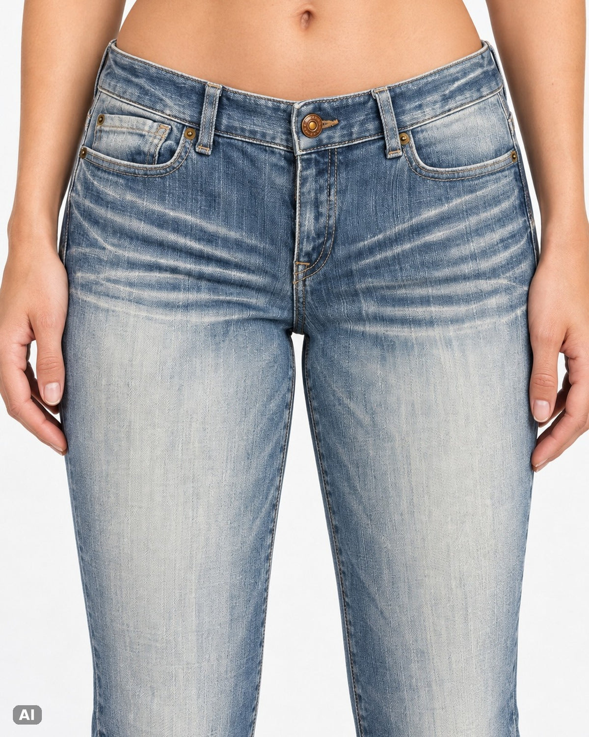 Express Bootcut Low Rise Jeans – Gr. EU 40 / L – Detail vorne, KI-Visualisierung am Model