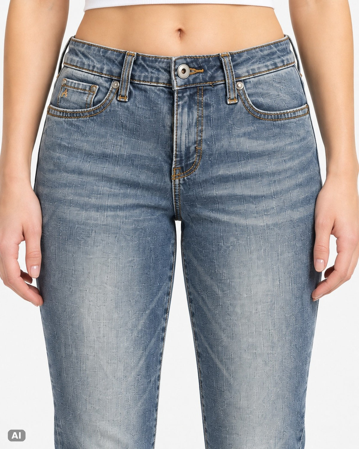 Vintage Strass Mid-Waist Bootcut-Jeans – Gr. EU 34 / XS – Detail vorne, KI-Visualisierung am Model
