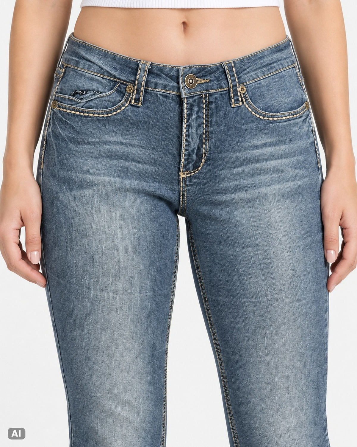 Royalty by YMI Mid Waist Bootcut Jeans – Gr. EU 40 / L – Detail vorne, KI-Visualisierung am Model