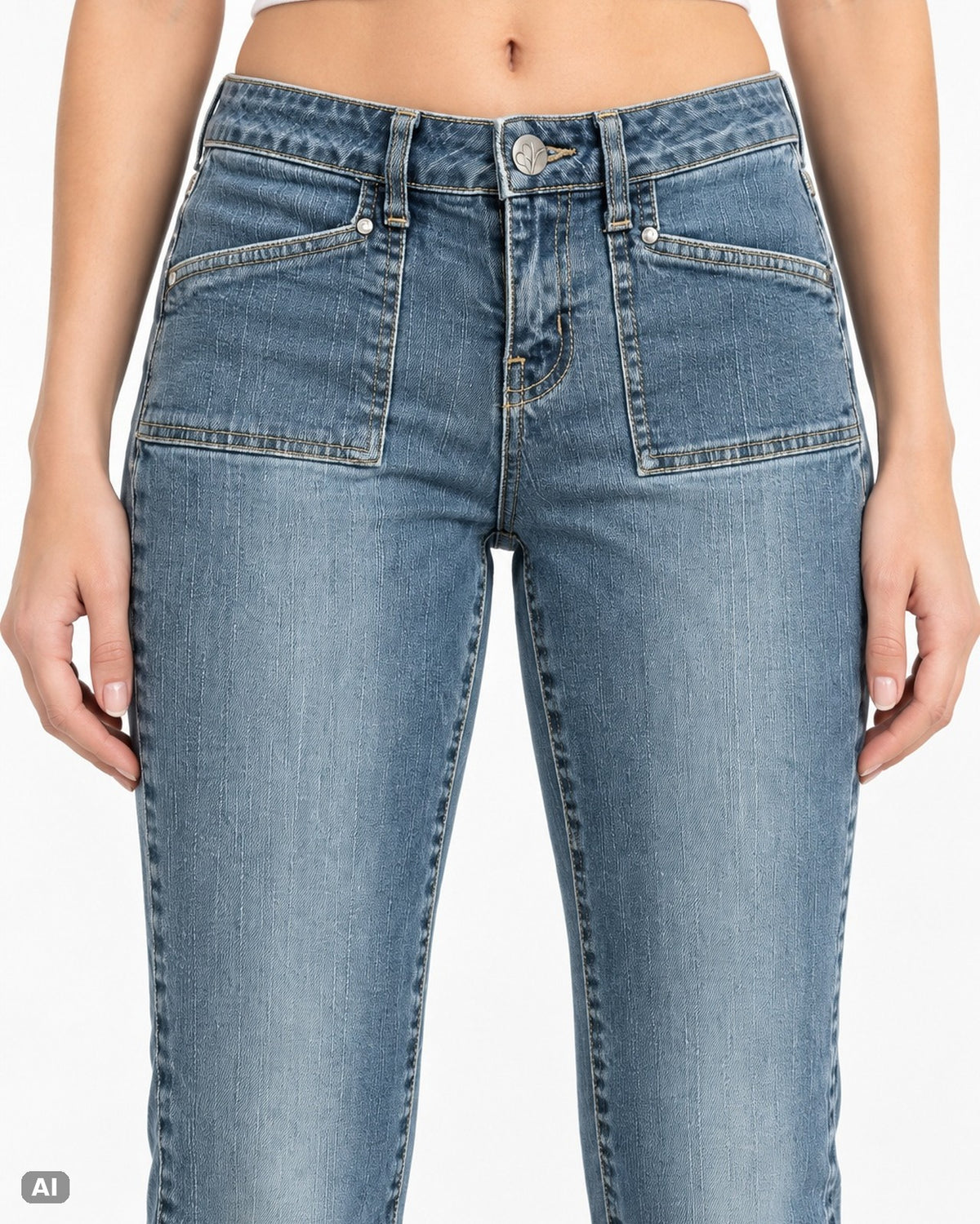 Fashion Bug Melrose Mid Waist Bootcut Jeans – Gr. EU 34 / XS – Detail vorne, KI-Visualisierung am Model