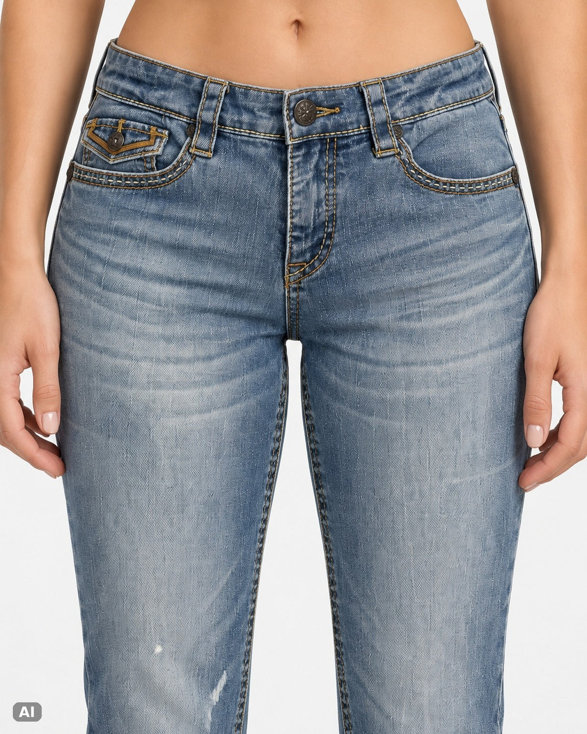 Supplies bestickte Mid-Rise-Bootcut-Jeans – Gr. EU 40 / L – Detail vorne, KI-Visualisierung am Model