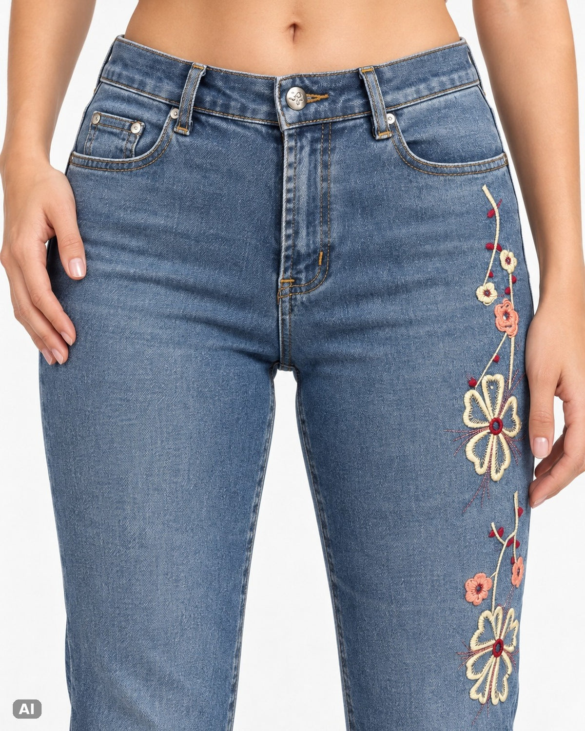 Vintage Blumenstickerei High Waist Bootcut Jeans – Gr. EU 34 / XS – Detail vorne, KI-Visualisierung am Model