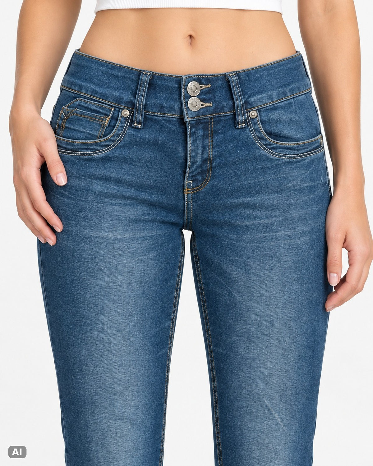Recruit Jeans Low Waist Bootcut-Jeans – Gr. EU 34 / XS – Detail vorne, KI-Visualisierung am Model