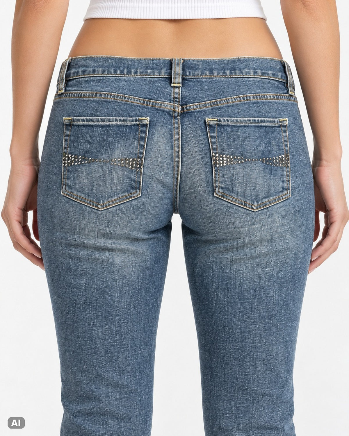 LEI Ultra Low Waist Bootcut-Jeans – Gr. EU 40 / L – Detail hinten, KI-Visualisierung am Model