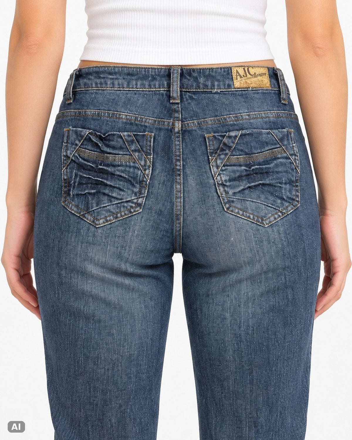 AJC by Arizona Mid Waist Straight Leg Jeans – Gr. EU 42 / XL – Detail hinten, KI-Visualisierung am Model