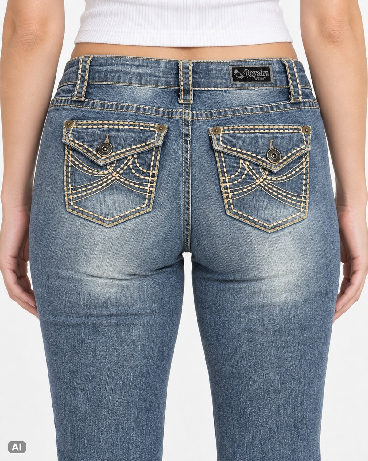 Royalty by YMI Mid Waist Bootcut Jeans – Gr. EU 40 / L – Detail hinten, KI-Visualisierung am Model