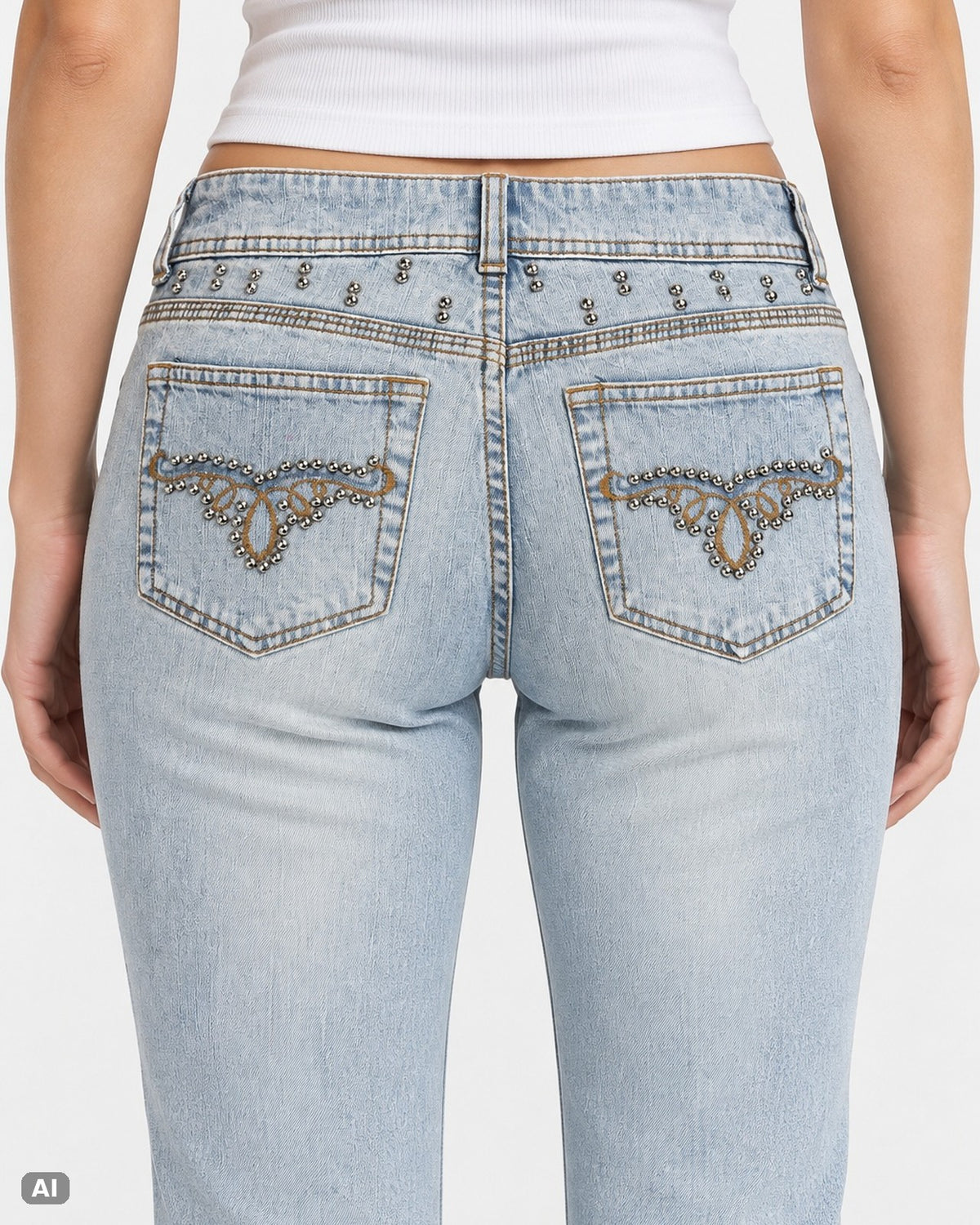 London Jean Low Waist Bootcut Jeans – Gr. EU 34 / XS – Detail hinten, KI-Visualisierung am Model