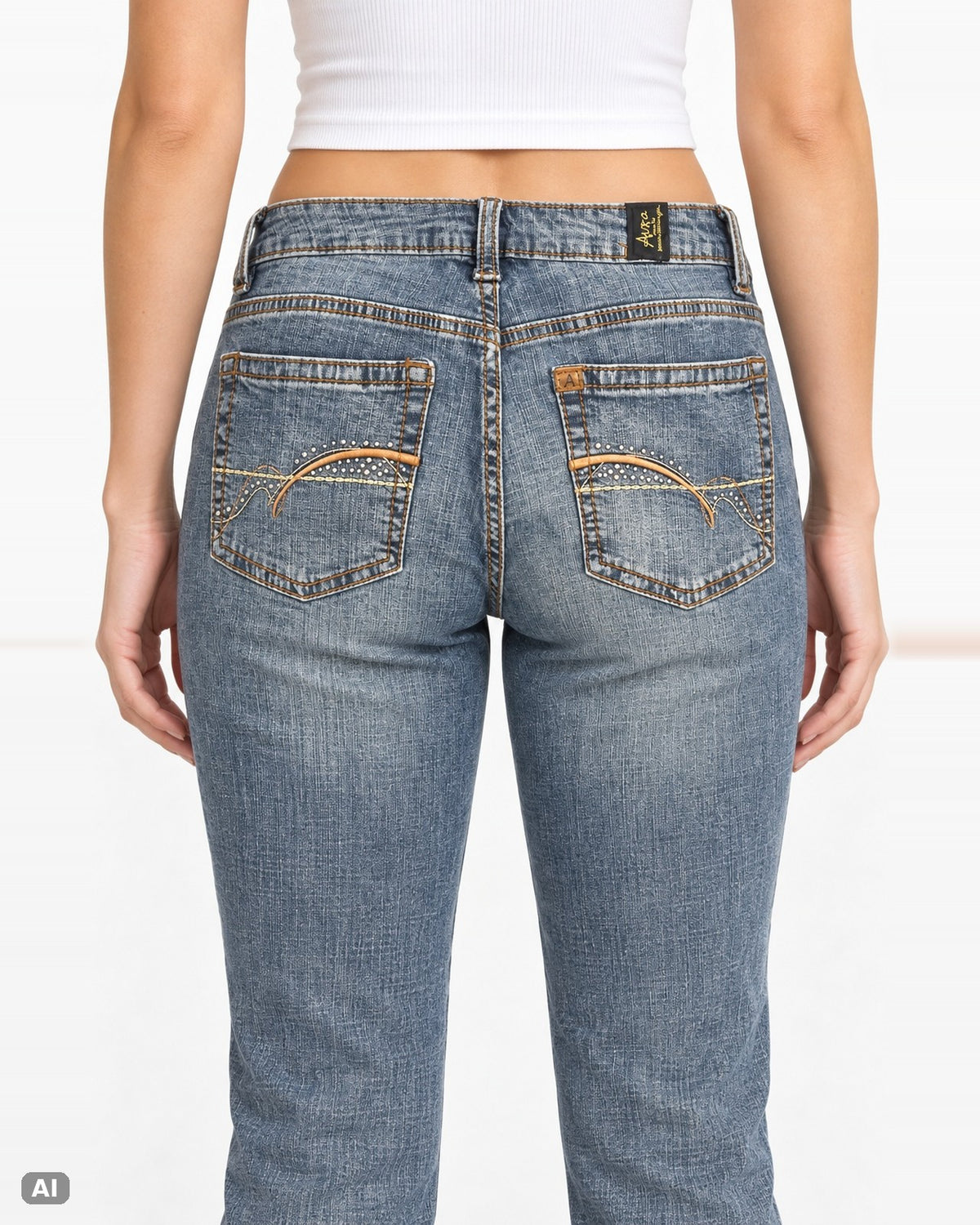 Vintage Strass Mid-Waist Bootcut-Jeans – Gr. EU 34 / XS – Detail hinten, KI-Visualisierung am Model