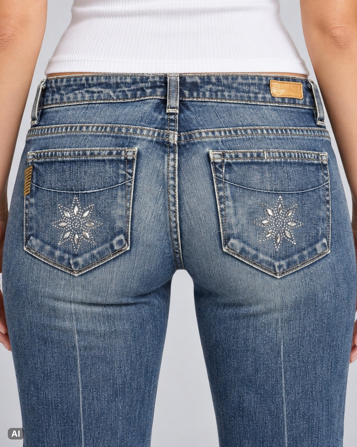 Paige Laurel Canyon Low Rise Flare Jeans – Gr. EU 40 / L – Detail hinten, KI-Visualisierung am Model