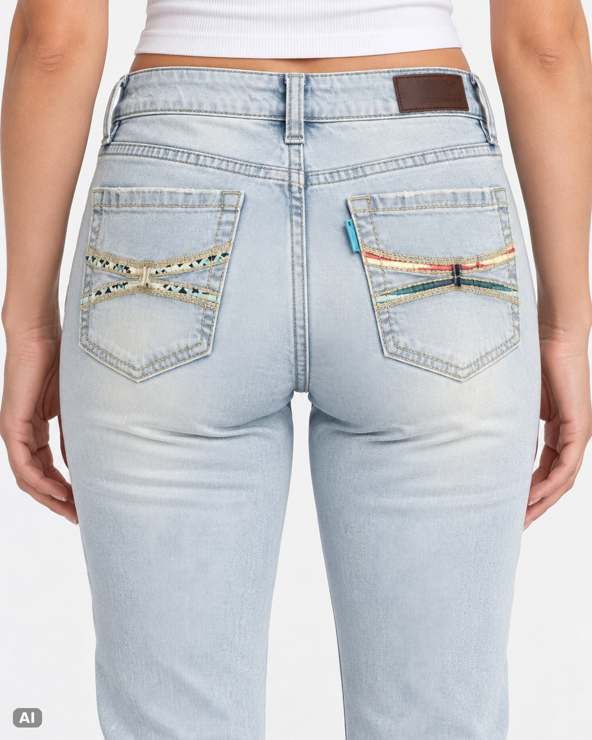Rock & Roll Denim Mid Rise Bootcut Jeans – Gr. EU 36 / S – Detail hinten, KI-Visualisierung am Model