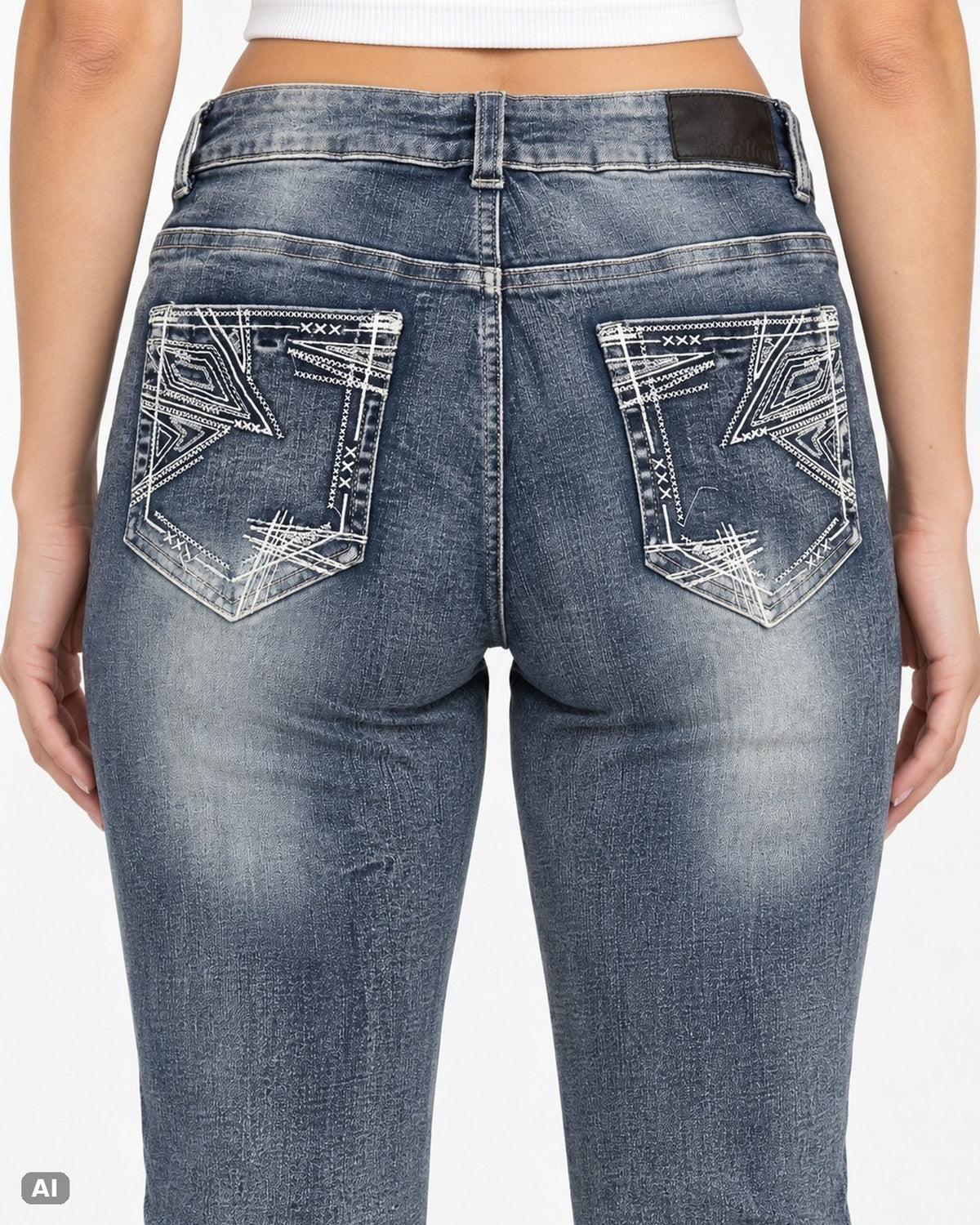 Jeanologie High Waist Bootcut Jeans – Gr. EU 40 / L – Detail hinten, KI-Visualisierung am Model