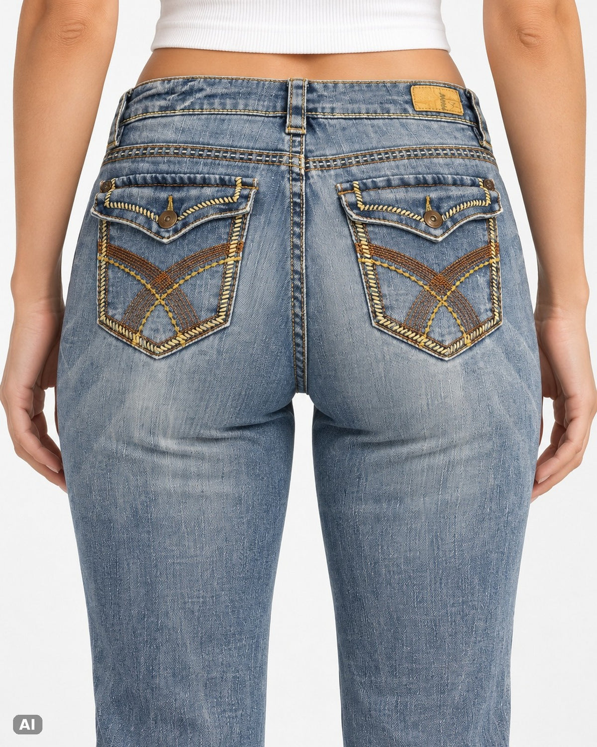 Supplies bestickte Mid-Rise-Bootcut-Jeans – Gr. EU 40 / L – Detail hinten, KI-Visualisierung am Model