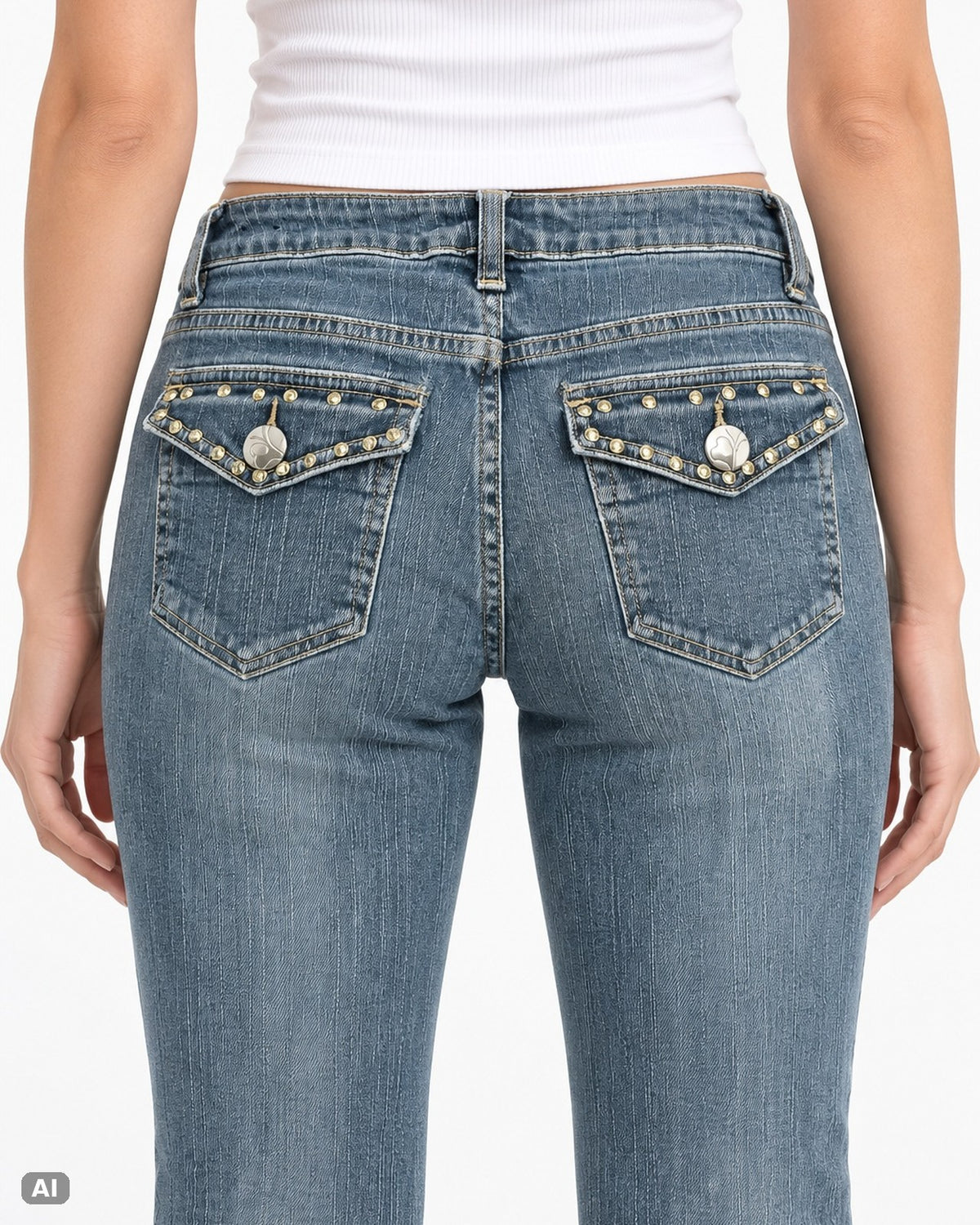Fashion Bug Melrose Mid Waist Bootcut Jeans – Gr. EU 34 / XS – Detail hinten, KI-Visualisierung am Model