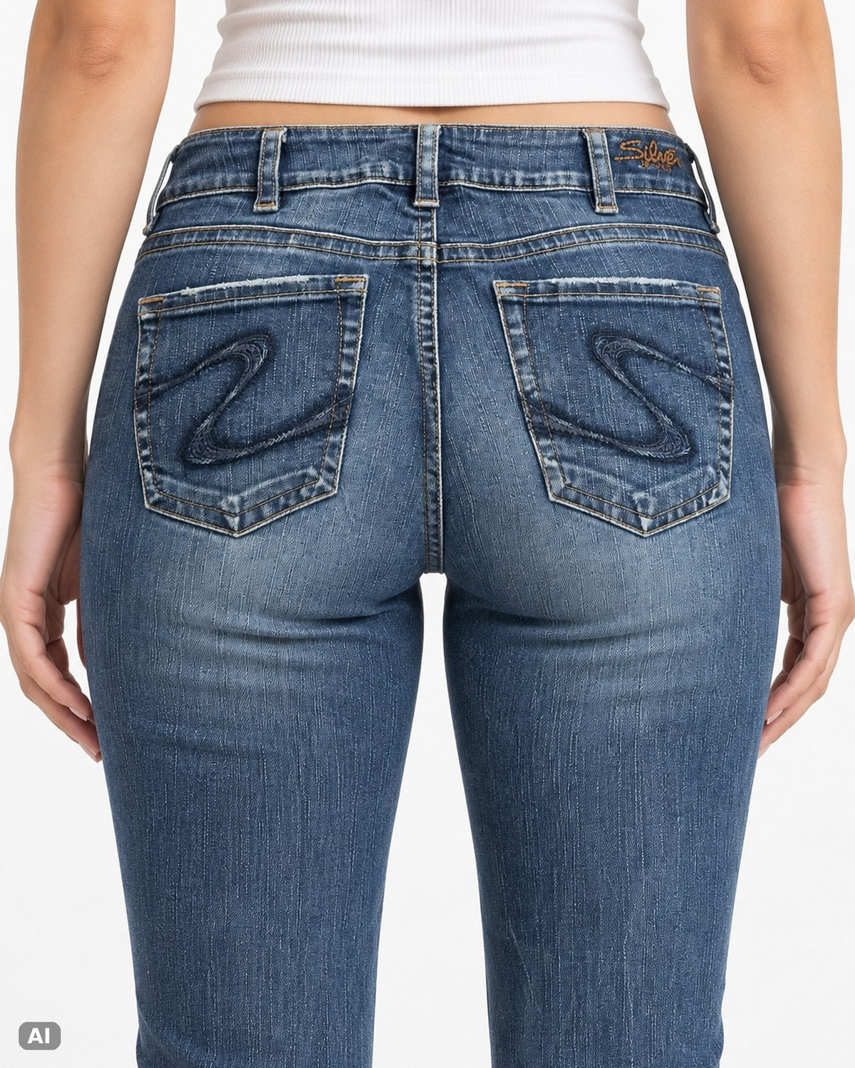 Silver Jeans Suki Bootcut Mid Waist – Gr. EU 40 / L – Detail hinten, KI-Visualisierung am Model