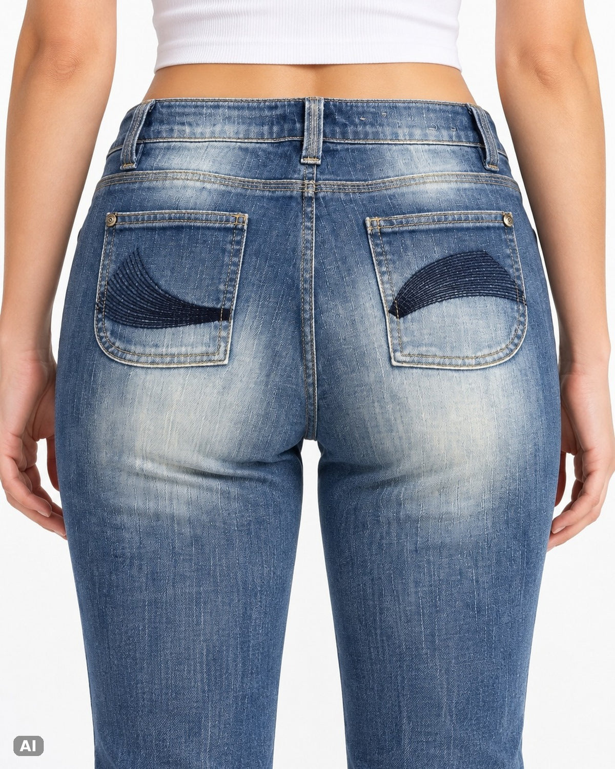 In Extenso Mid Rise Bootcut Jeans – Gr. EU 40 / L – Detail hinten, KI-Visualisierung am Model