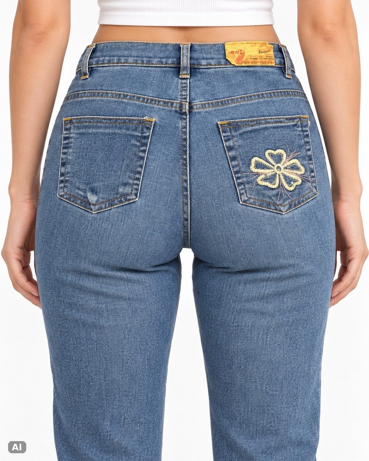 Vintage Blumenstickerei High Waist Bootcut Jeans – Gr. EU 34 / XS – Detail hinten, KI-Visualisierung am Model
