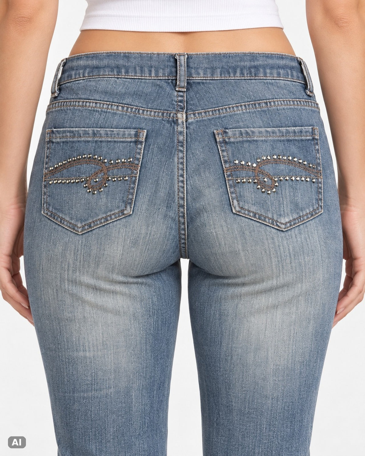 Faded Glory Mid Waist Bootcut Jeans – Gr. EU 40 / L – Detail hinten, KI-Visualisierung am Model
