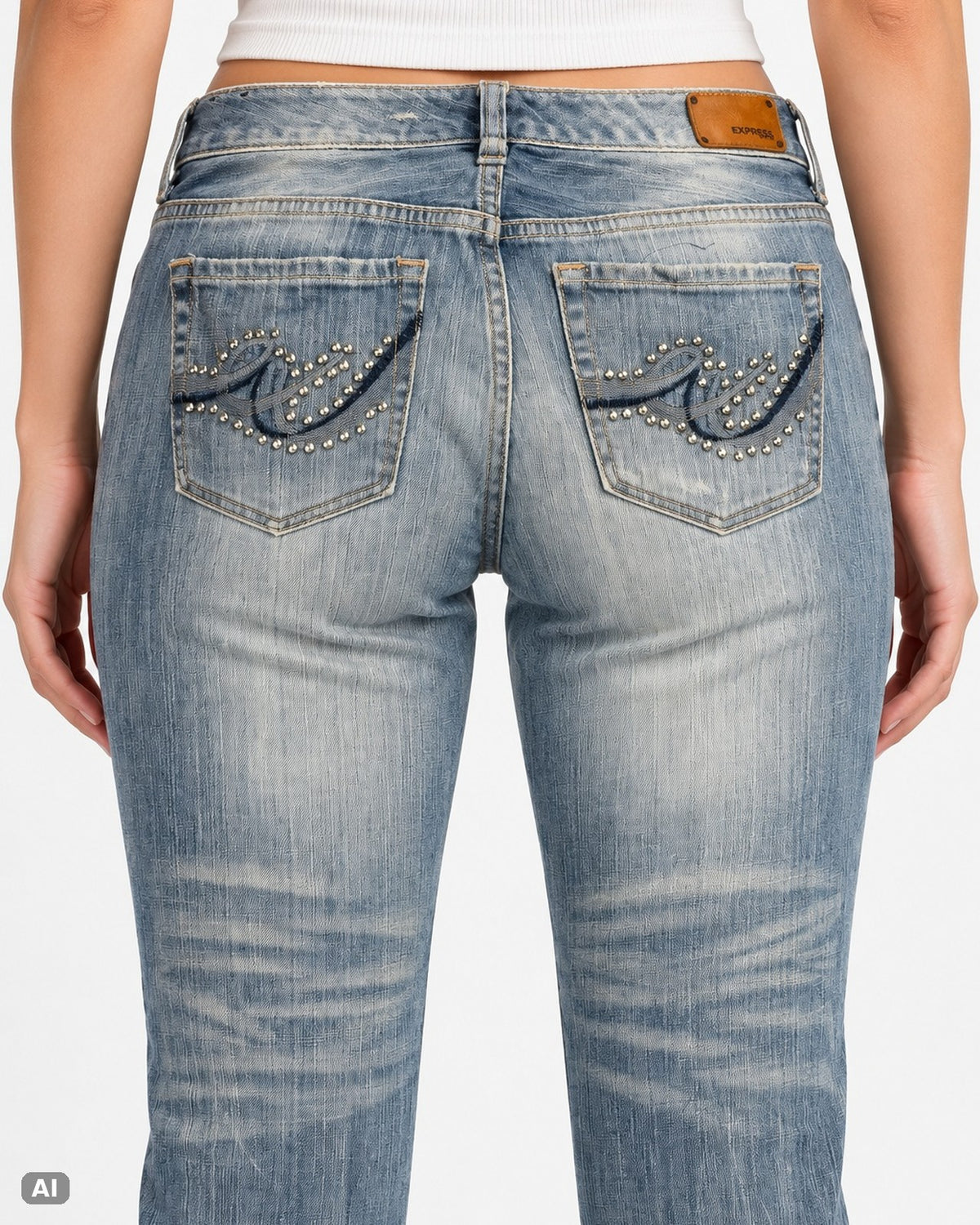 Express Bootcut Low Rise Jeans – Gr. EU 40 / L – Detail hinten, KI-Visualisierung am Model