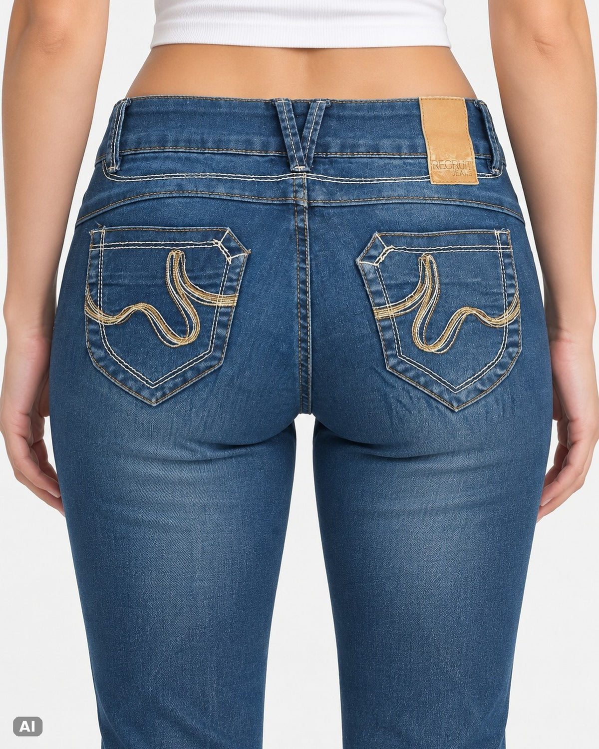Recruit Jeans Low Waist Bootcut-Jeans – Gr. EU 34 / XS – Detail hinten, KI-Visualisierung am Model