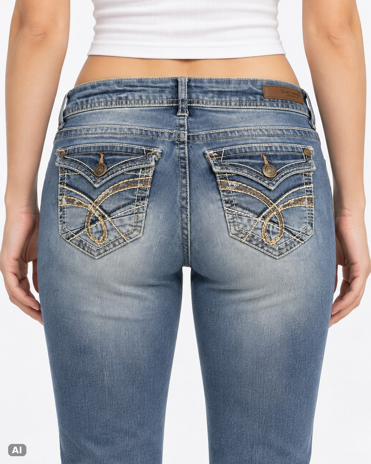 WallFlower Low Waist Bootcut Jeans – Gr. EU 32 / XXS – Detail hinten, KI-Visualisierung am Model