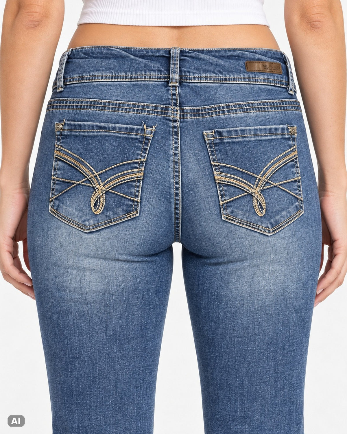 Wallflower Mid Waist Bootcut-Jeans – Gr. EU 36 / S – Detail hinten, KI-Visualisierung am Model