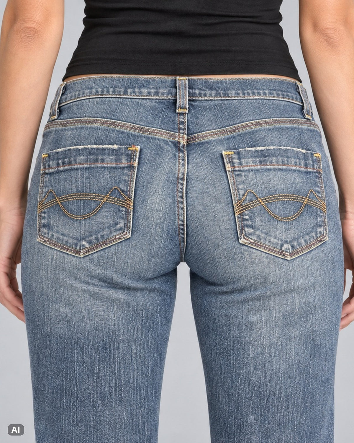 Mossimo Supply Co Low Rise Bootcut-Jeans – Gr. EU 40 / L – Detail hinten, KI-Visualisierung am Model