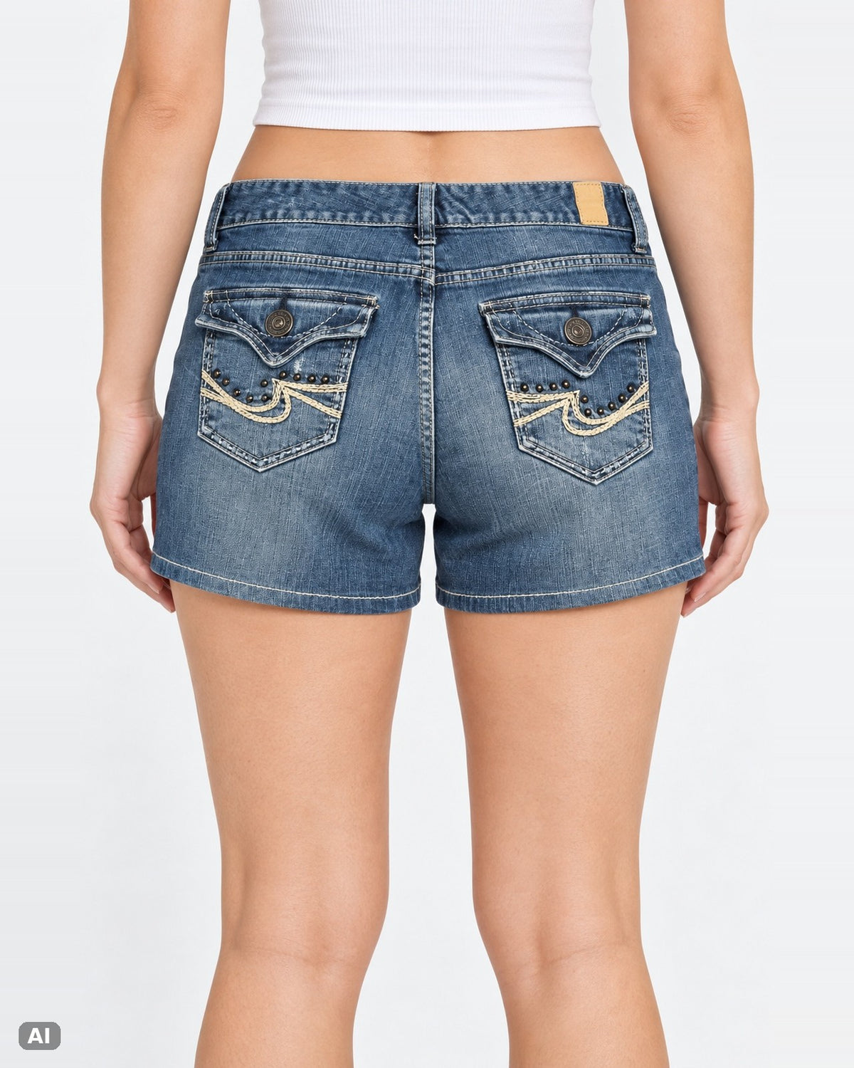 Maurices Low Waist Straight Jeansshorts – Gr. EU 38 / M – Detail hinten, KI-Visualisierung am Model