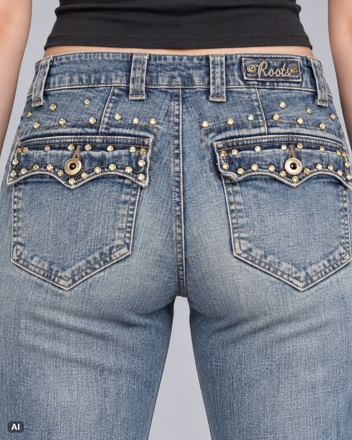 Roots 73 Mid Waist Bootcut Jeans – Gr. EU 36 / S – Detail hinten, KI-Visualisierung am Model