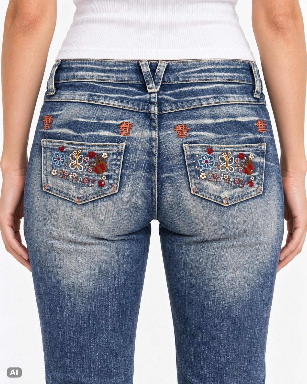 Obiettivo Industry Stickerei Low Rise Bootcut Jeans – Gr. EU 34 / XS – Detail hinten, KI-Visualisierung am Model
