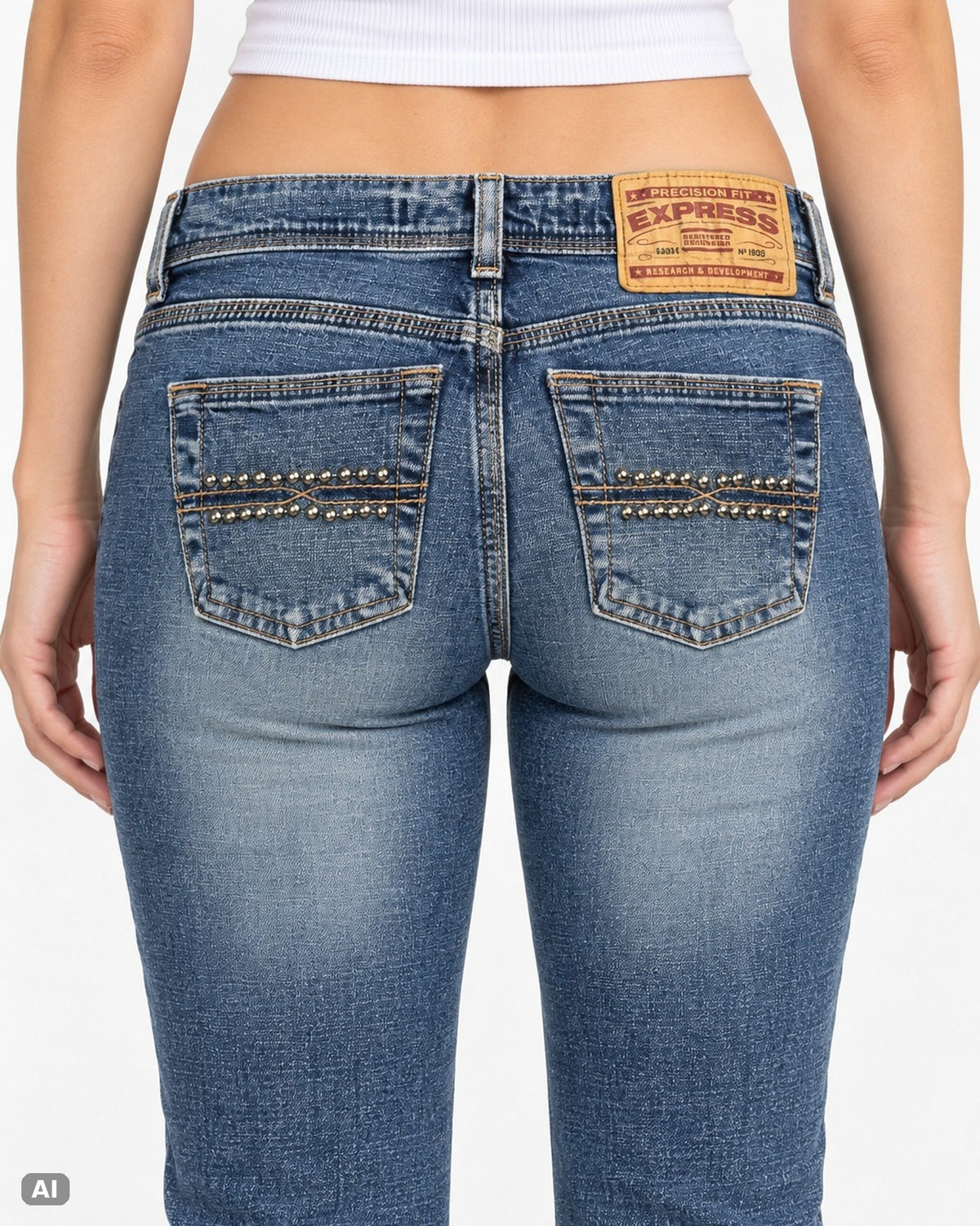Express Low Rise Bootcut Jeans – Gr. EU 34 / XS – Detail hinten, KI-Visualisierung am Model