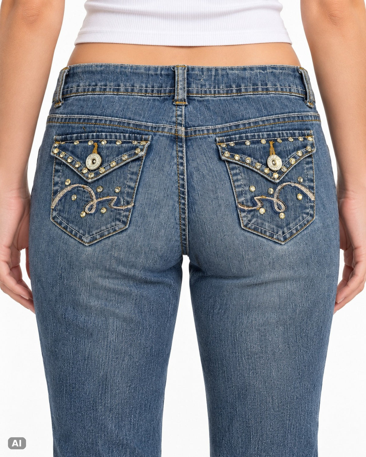 L.E.I. Chelsea Bootcut Jeans – Gr. W27 / EU 36 / S – Detail hinten, KI-Visualisierung am Model