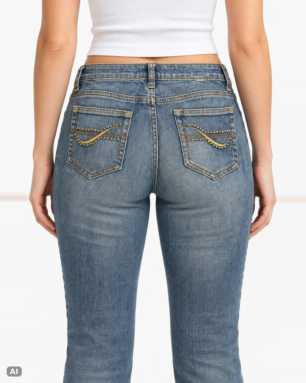 Ana Mid Waist Bootcut-Jeans – Gr. EU 40 / L – Detail hinten, KI-Visualisierung am Model