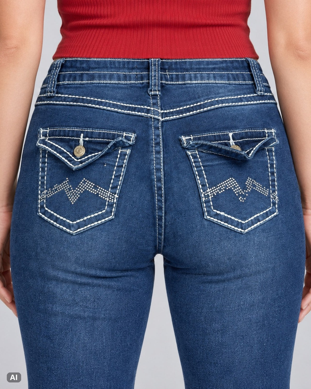 Bamboo Zickzack High Waist Flare Jeans – Gr. EU 36 / S – Detail hinten, KI-Visualisierung am Model