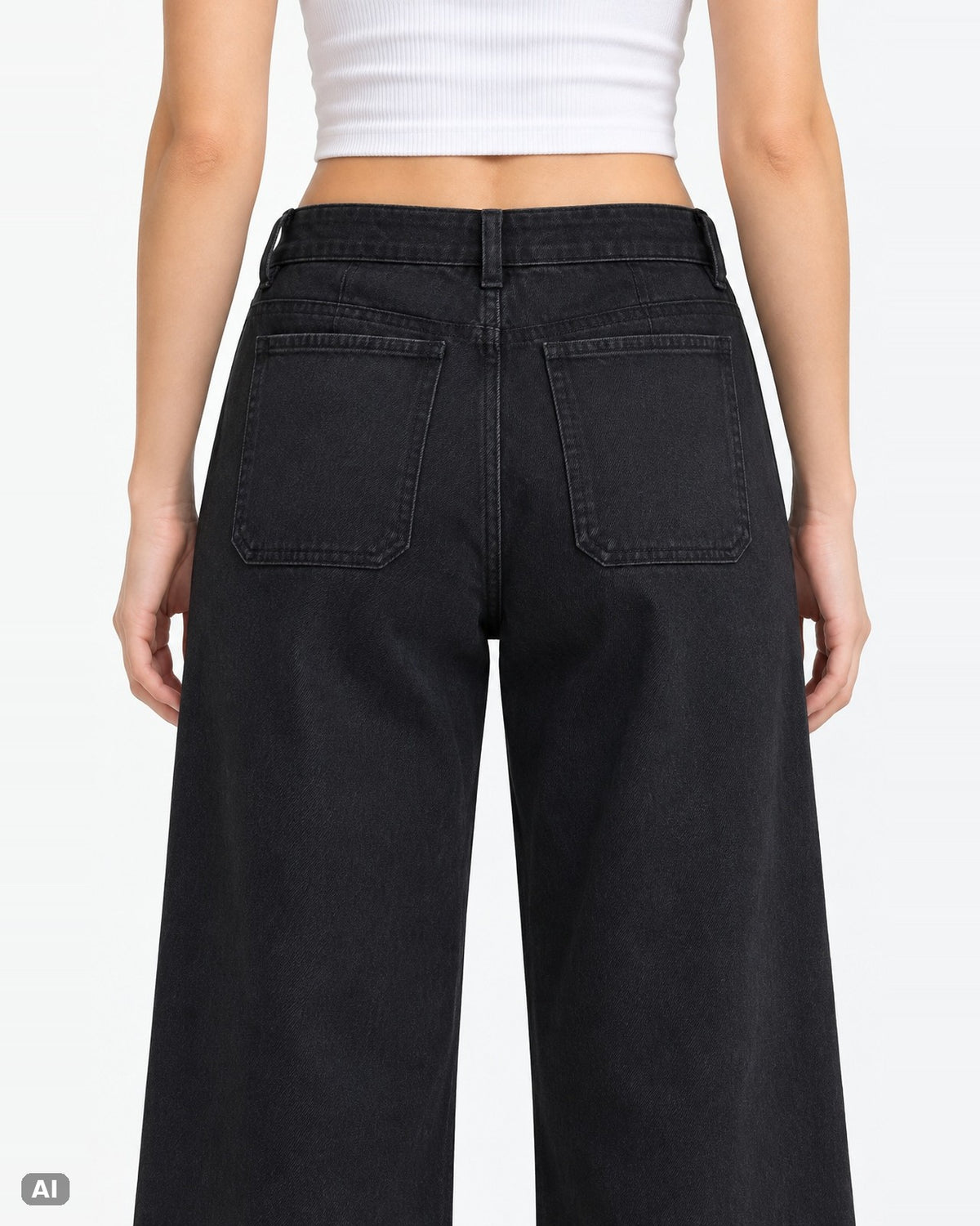 Marivy Wide Leg Baggy Fit Klassische Taille Mid Rise Jeans – Detail hinten, KI-Visualisierung am Model