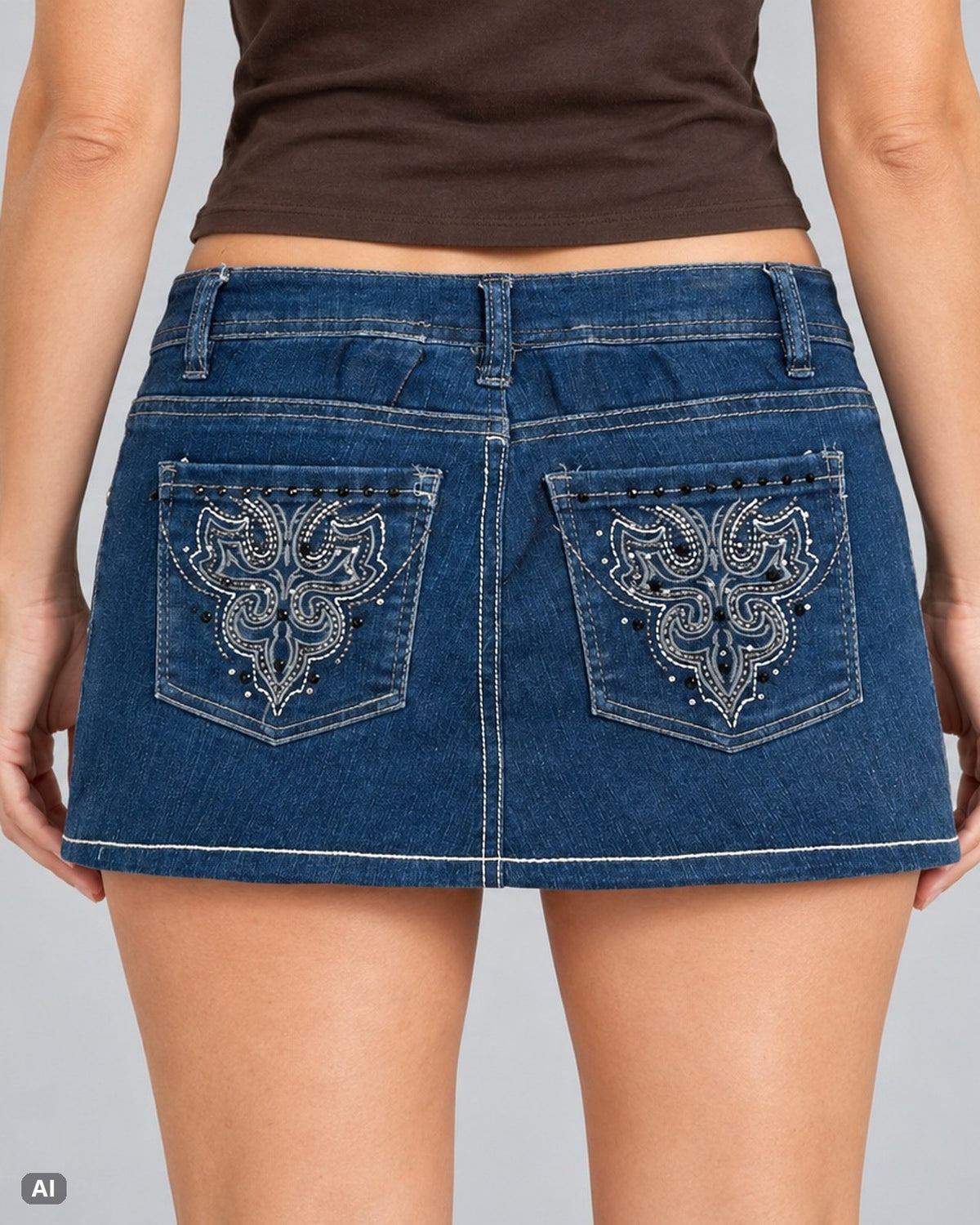 Vintage Tribal Low Rise ausgestellter Minirock – Gr. EU 36 / S – Detail hinten, KI-Visualisierung am Model