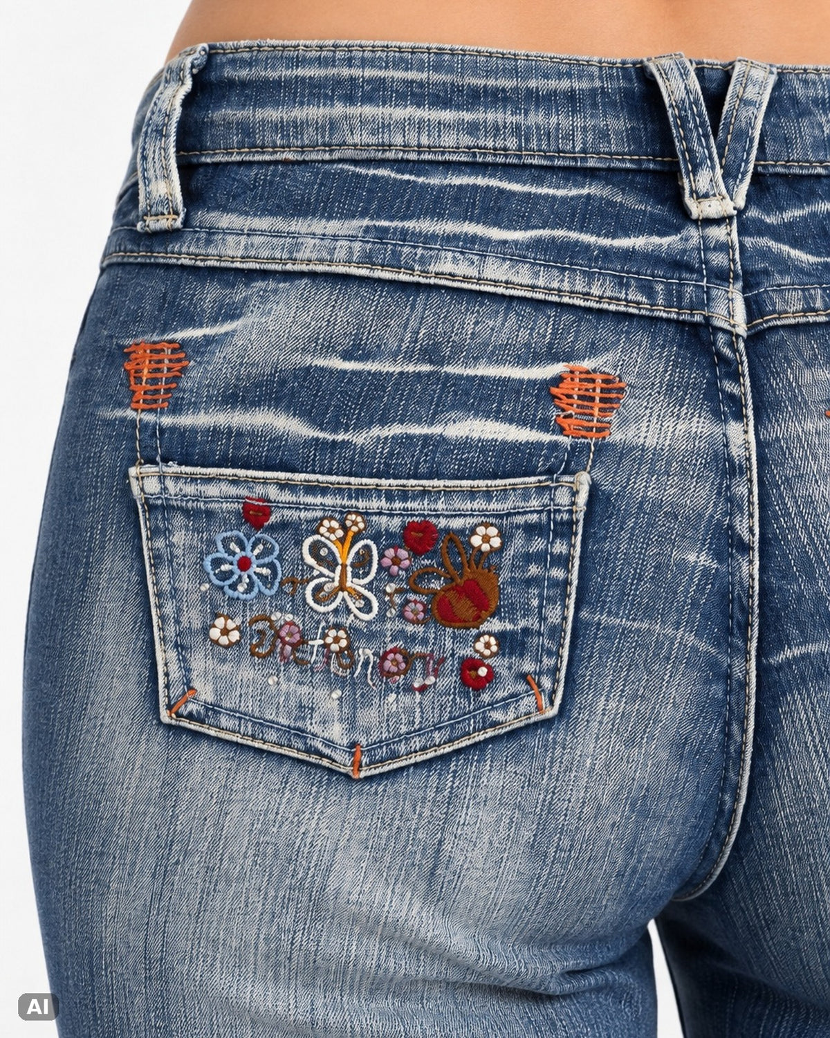 Obiettivo Industry Stickerei Low Rise Bootcut Jeans – Gr. EU 34 / XS – Detail hinten nah, KI-Visualisierung am Model