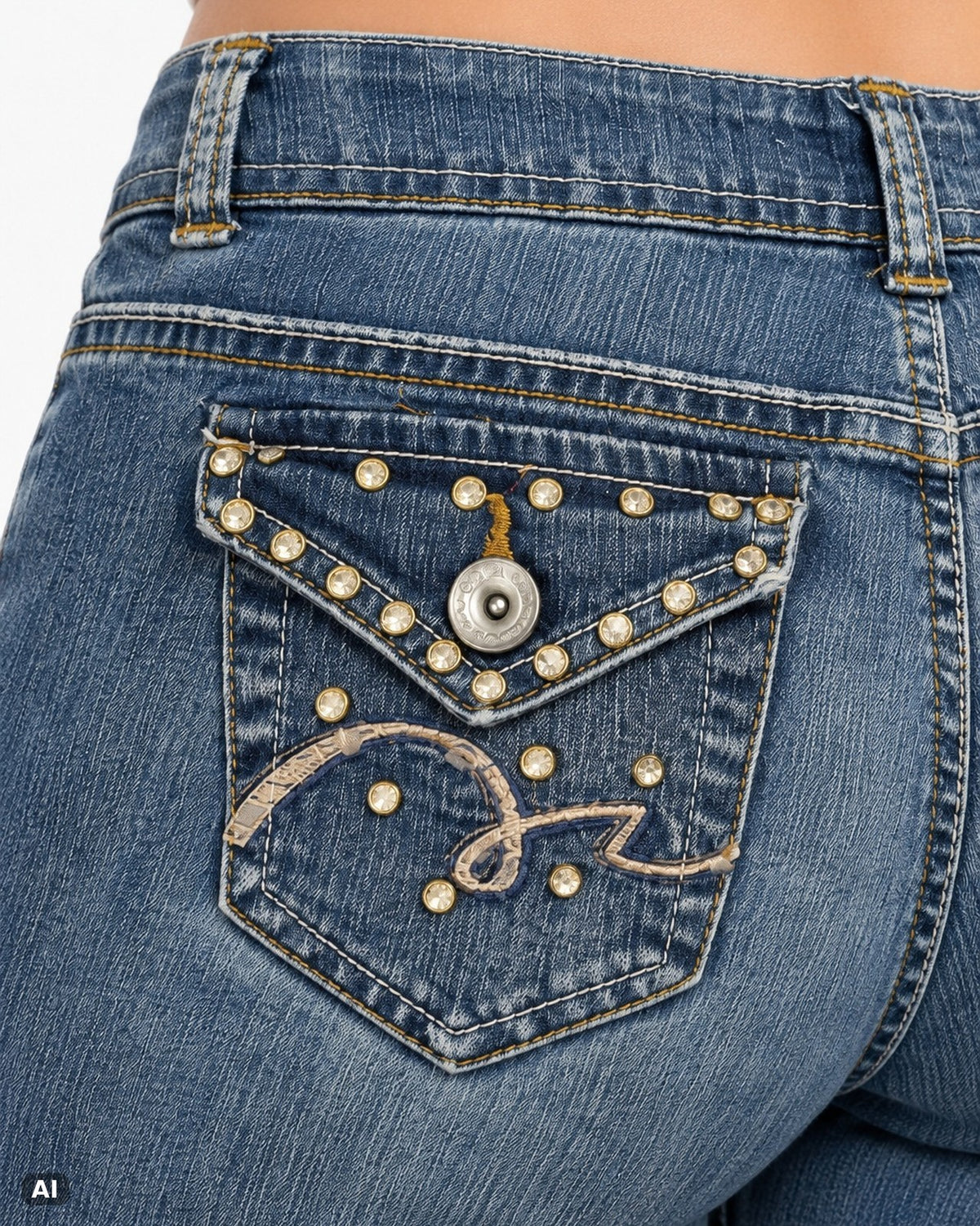 L.E.I. Chelsea Bootcut Jeans – Gr. W27 / EU 36 / S – Detail hinten nah, KI-Visualisierung am Model