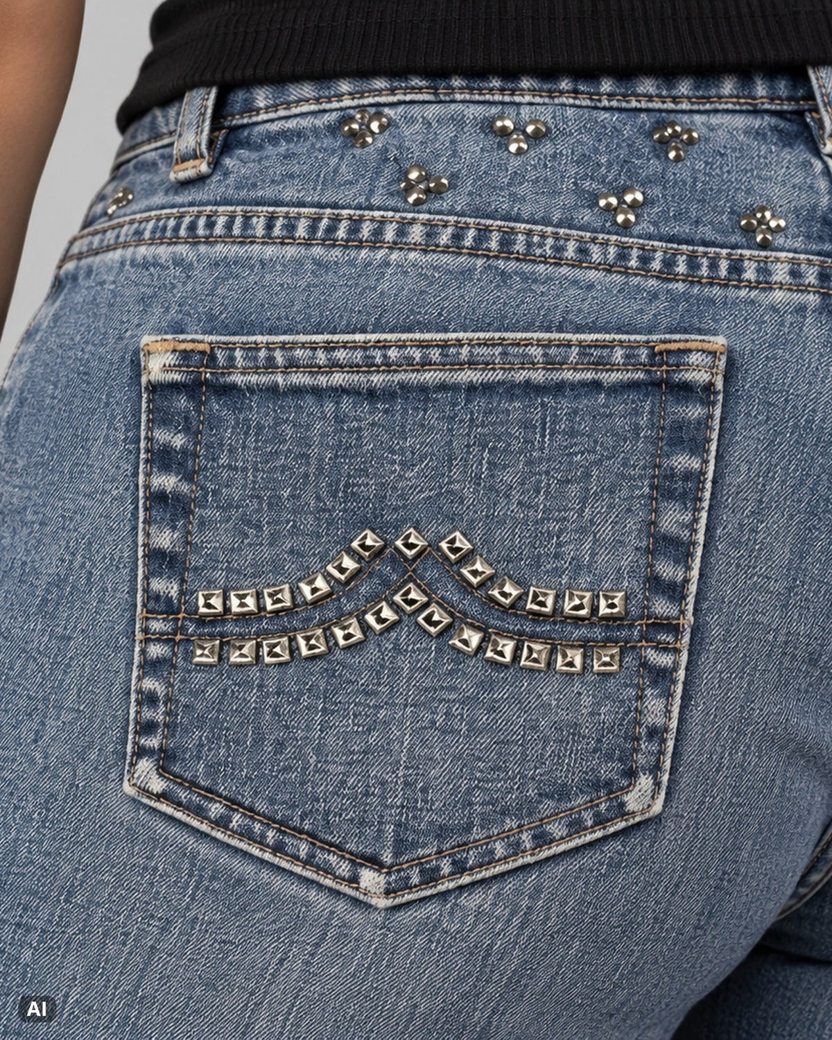 Brooks Brothers Mid Rise Bootcut Jeans – Gr. EU 36 / S – Detail hinten nah, KI-Visualisierung am Model