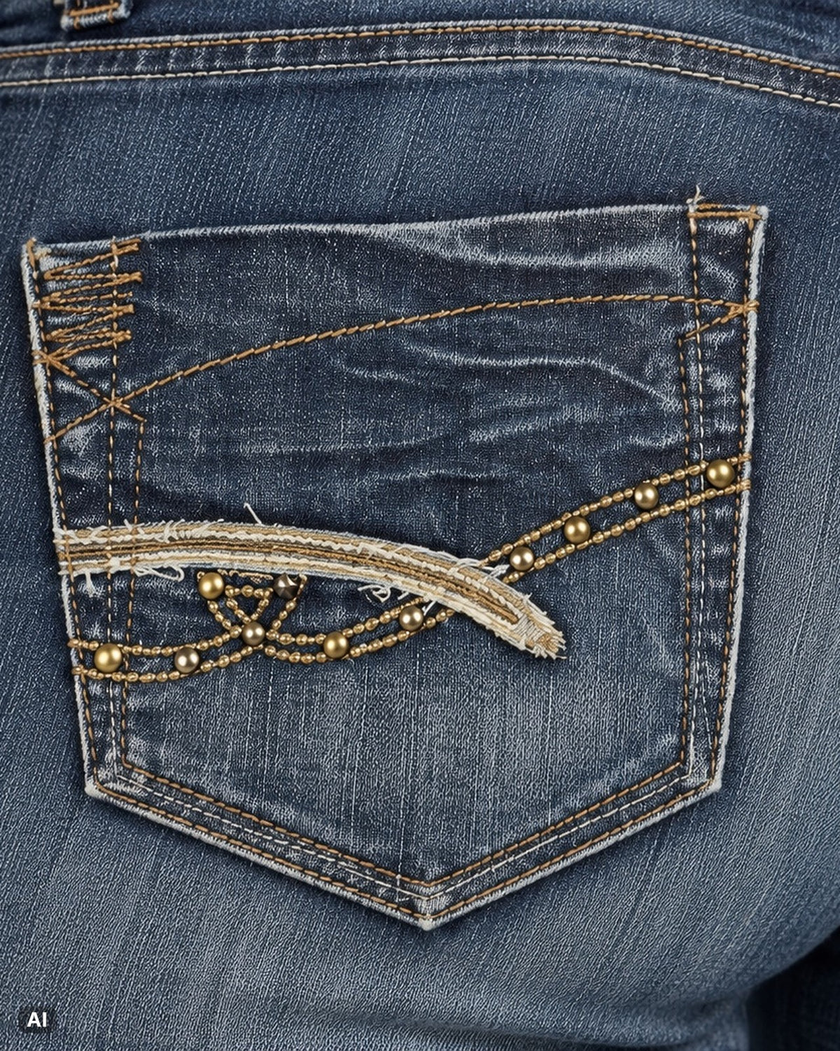 Phildar Mid-Waist-Bootcut-Jeans – Gr. EU 40 / L – Detail hinten nah, KI-Visualisierung am Model