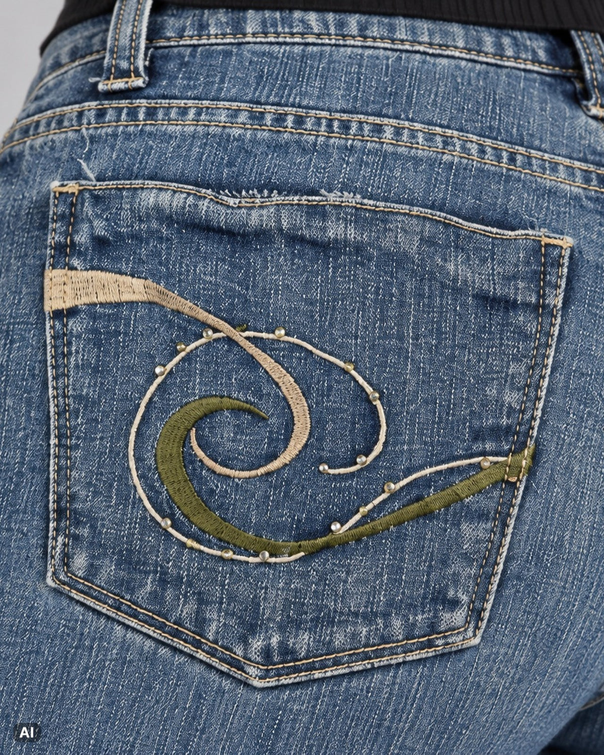 Zya Spiralstickerei Mid Rise Bootcut Jeans – Gr. EU 38 / M – Detail hinten nah, KI-Visualisierung am Model
