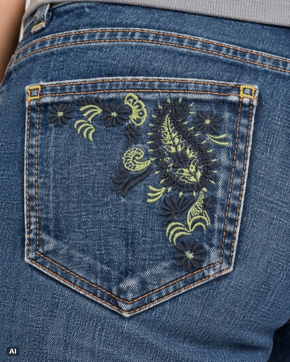 Per Una Bootcut Mid Rise Jeans – Gr. EU 36 / S – Detail hinten nah, KI-Visualisierung am Model
