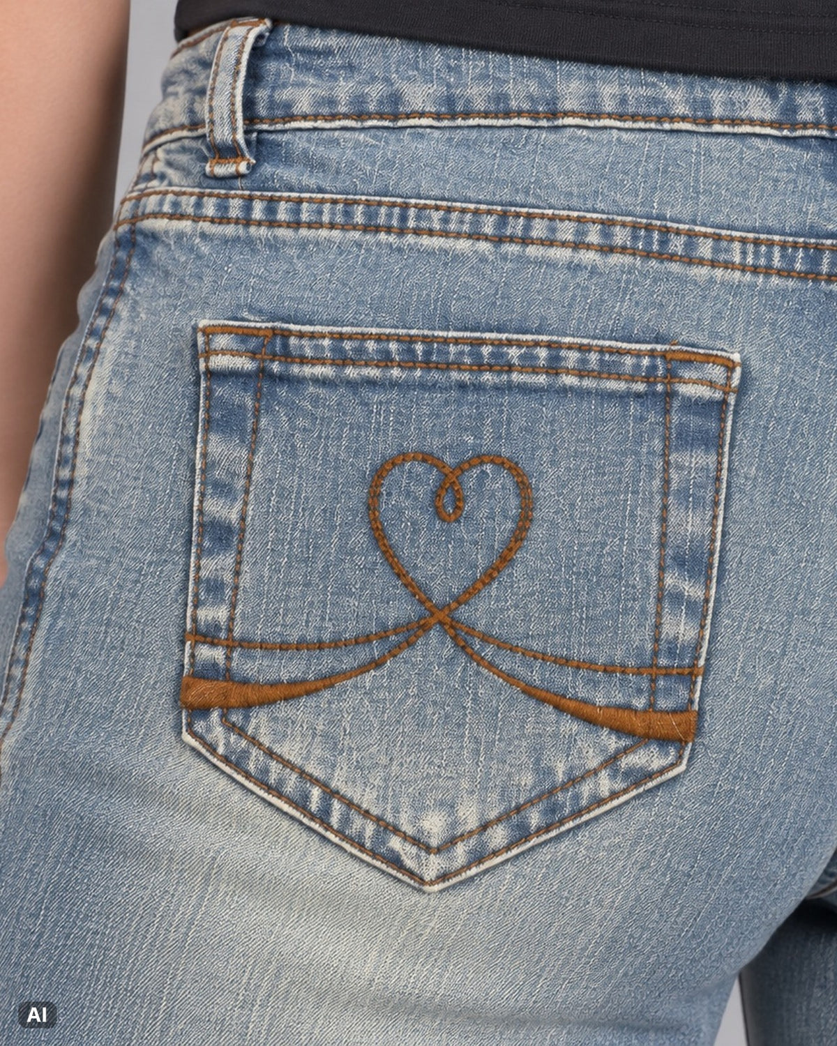 Steve & Barry’s Herzstickerei Mid Rise Bootcut-Jeans – Gr. EU 36 / S – Detail hinten nah, KI-Visualisierung am Model